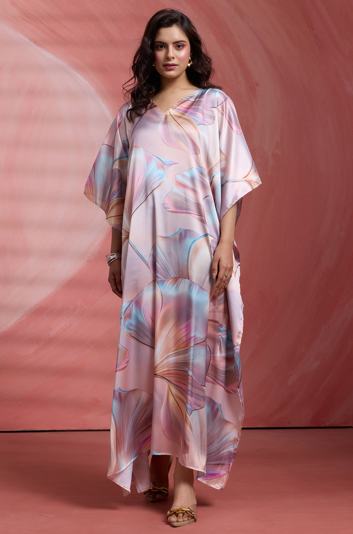Pink Petals Soft Satin Women Kaftan Dress with Digital Print