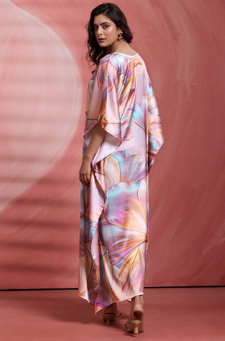 Pink Petals Soft Satin Women Kaftan Dress with Digital Print
