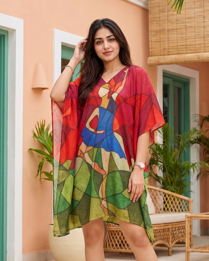 Scarlet Twirl Muslin Cotton Short Women Kaftan Dress with Digital Print