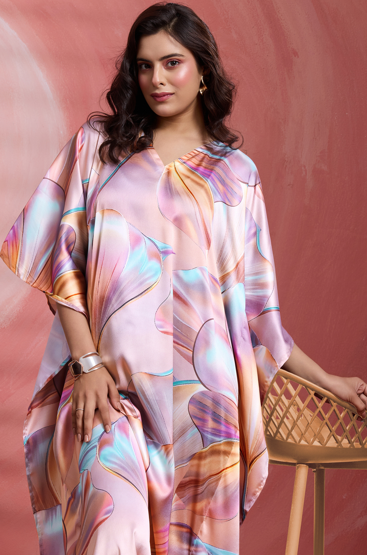 Pink Petals Soft Satin Women Kaftan Dress with Digital Print