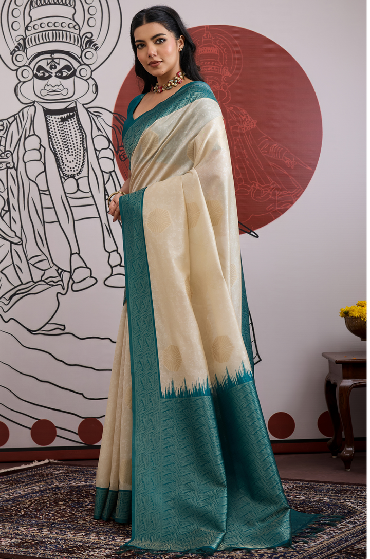 Teal Blue Modern Muse Woven Paper Silk Saree