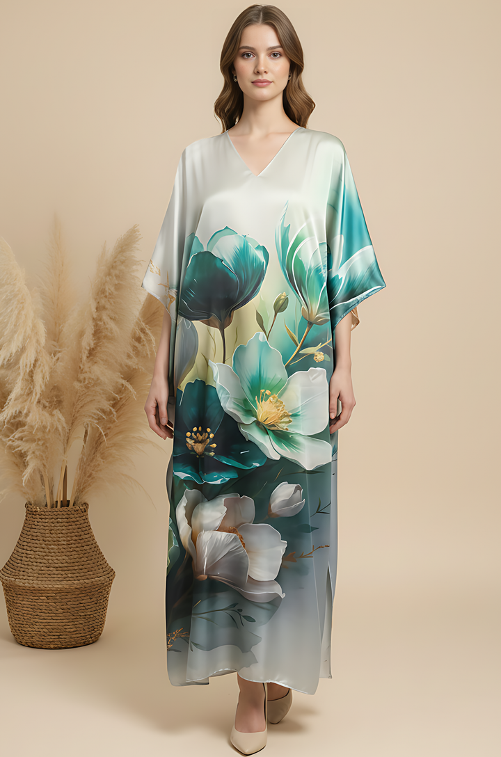 Sage Flow Soft Satin Women Kaftan Dress with Digital Print