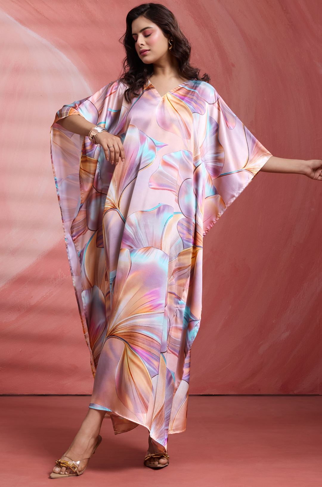 Pink Petals Soft Satin Women Kaftan Dress with Digital Print