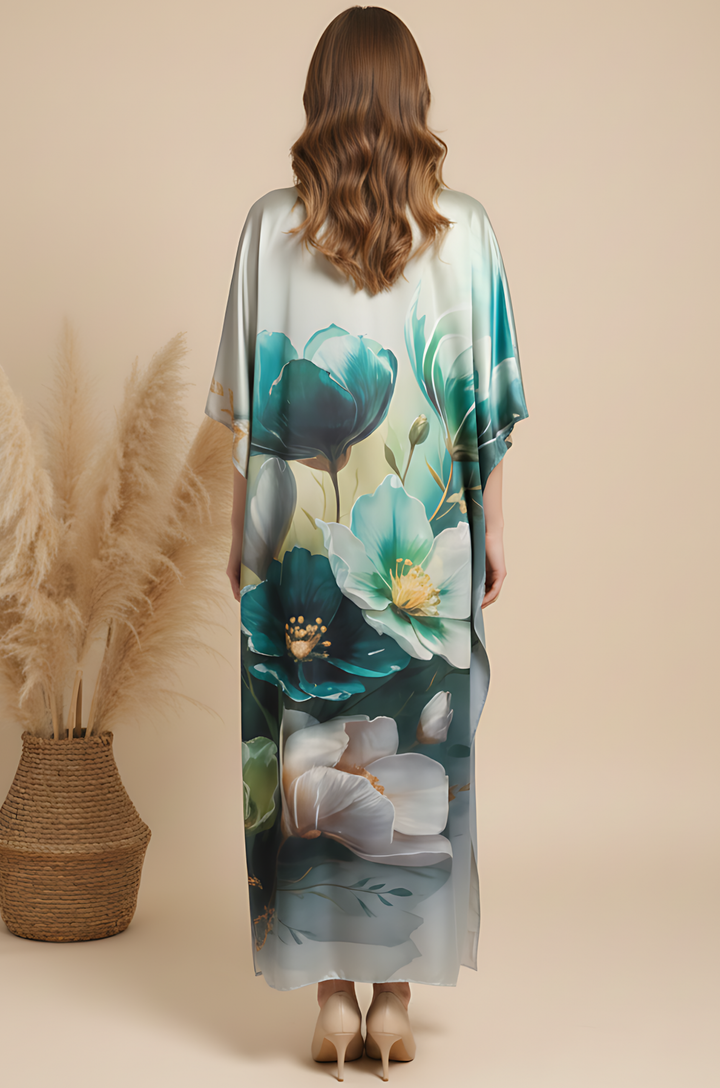 Sage Flow Soft Satin Women Kaftan Dress with Digital Print