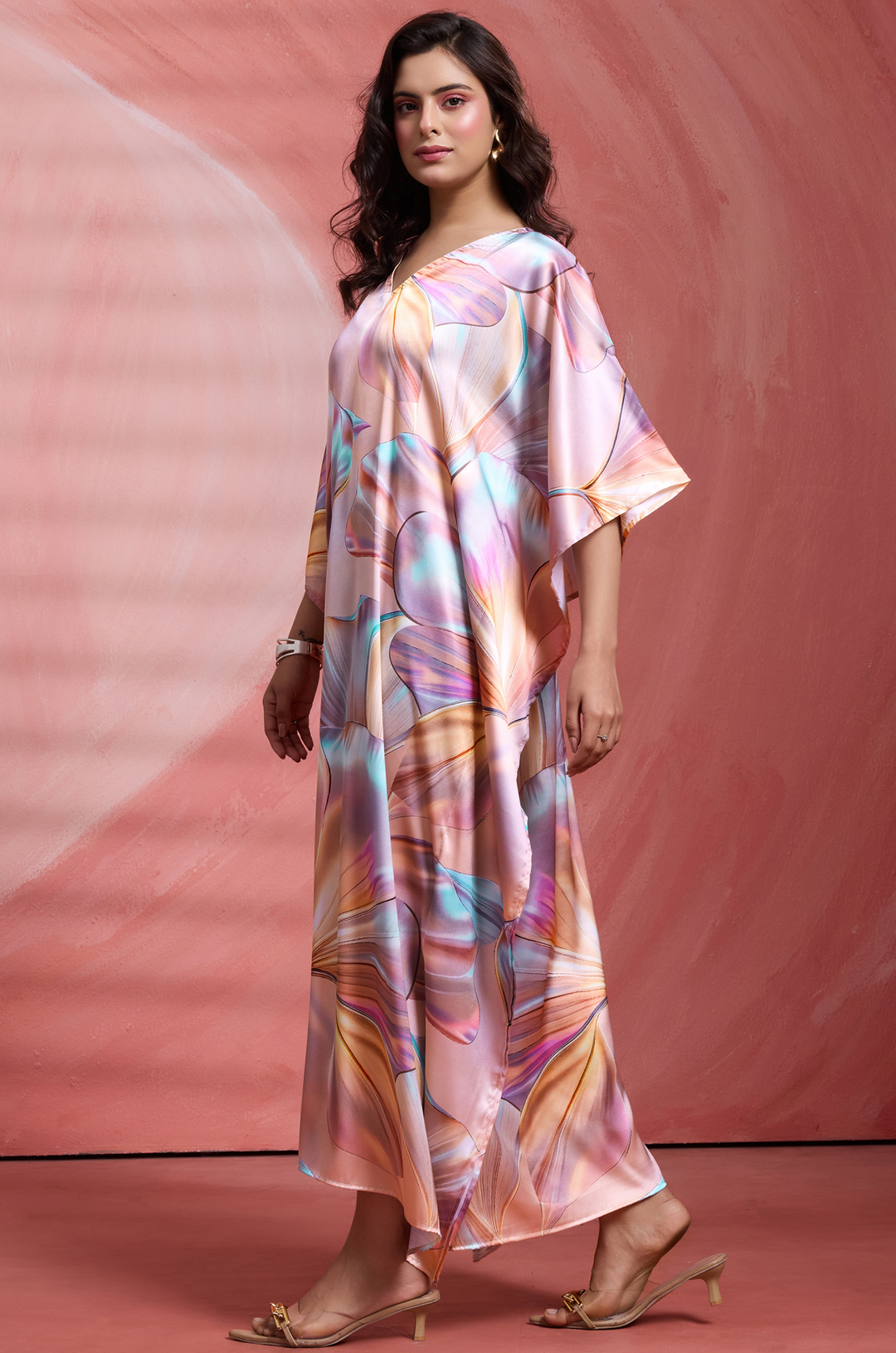 Pink Petals Soft Satin Women Kaftan Dress with Digital Print