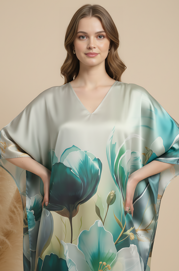 Sage Flow Soft Satin Women Kaftan Dress with Digital Print