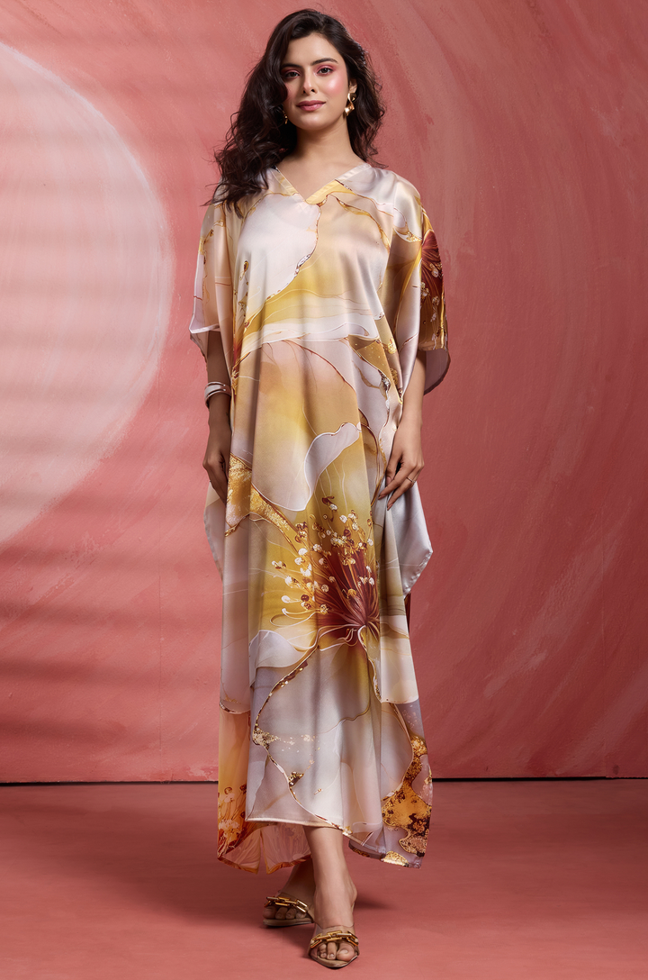 Muted Amber Long Satin Kaftan Dress - Buy Women Kaftan Online India | Label Aarna