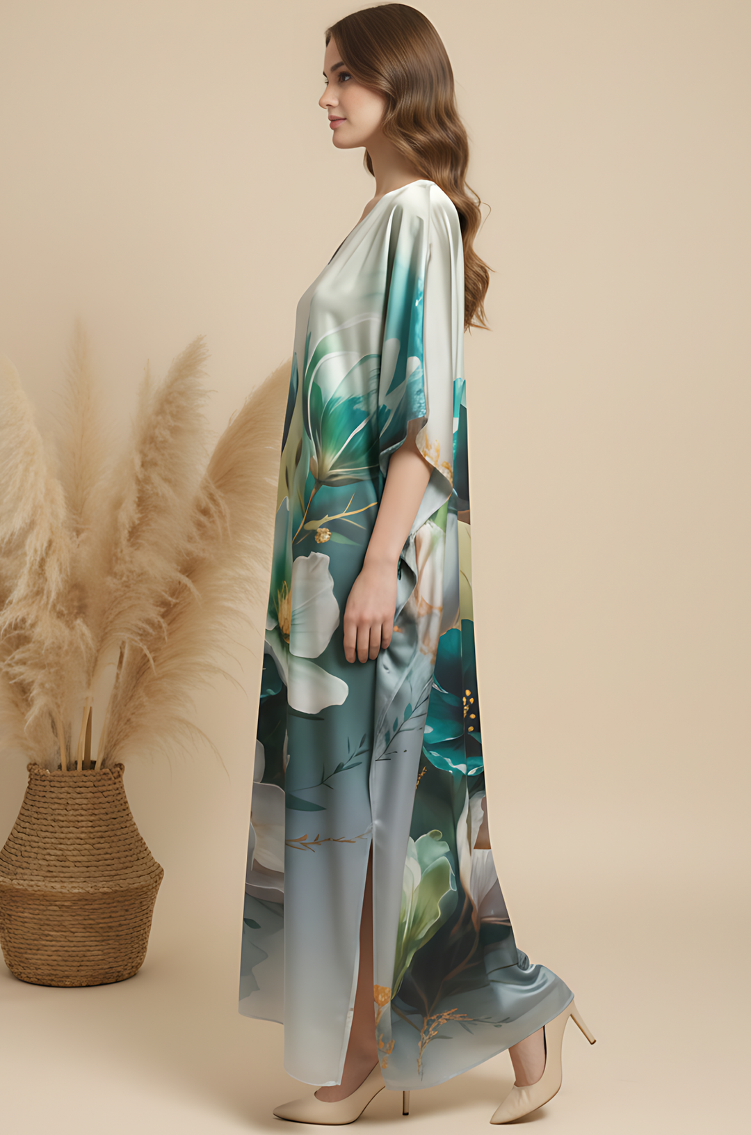Sage Flow Soft Satin Women Kaftan Dress with Digital Print