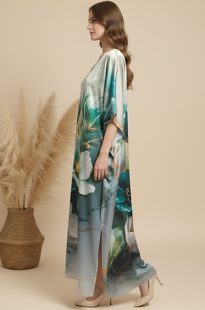 Sage Flow Soft Satin Women Kaftan Dress with Digital Print