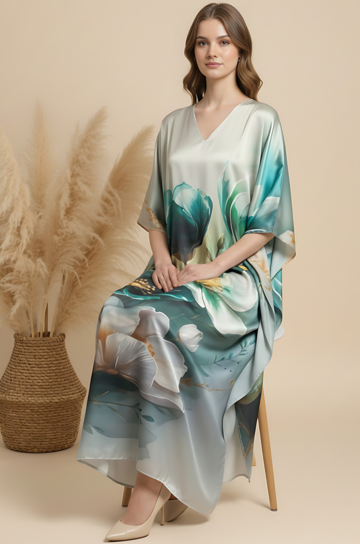 Sage Flow Soft Satin Women Kaftan Dress with Digital Print