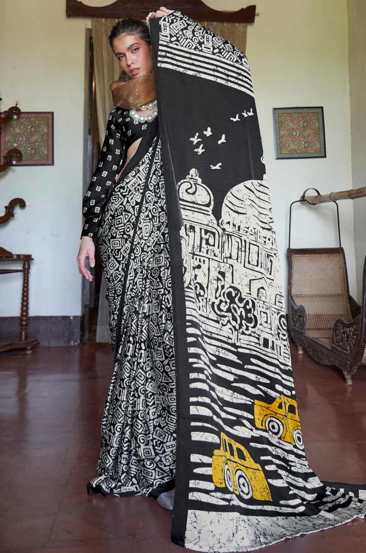 Black & White Linear Muse Digital Print Modal Satin Saree