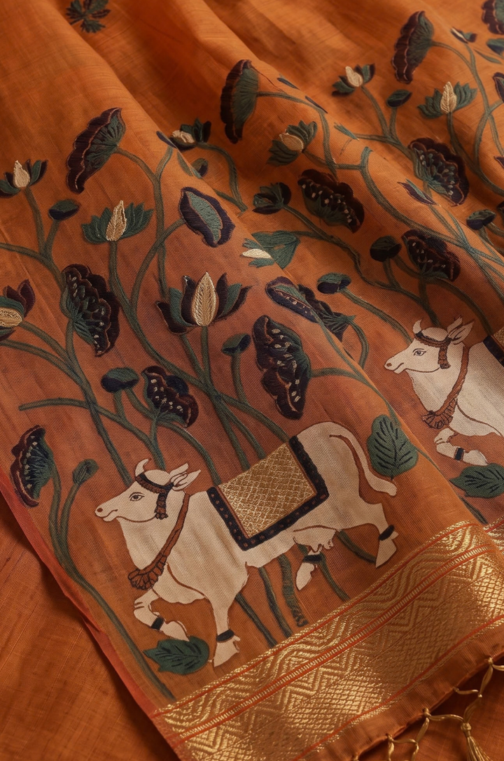 Orange Woven Jamdhani Cotton Saree | Braj Collection