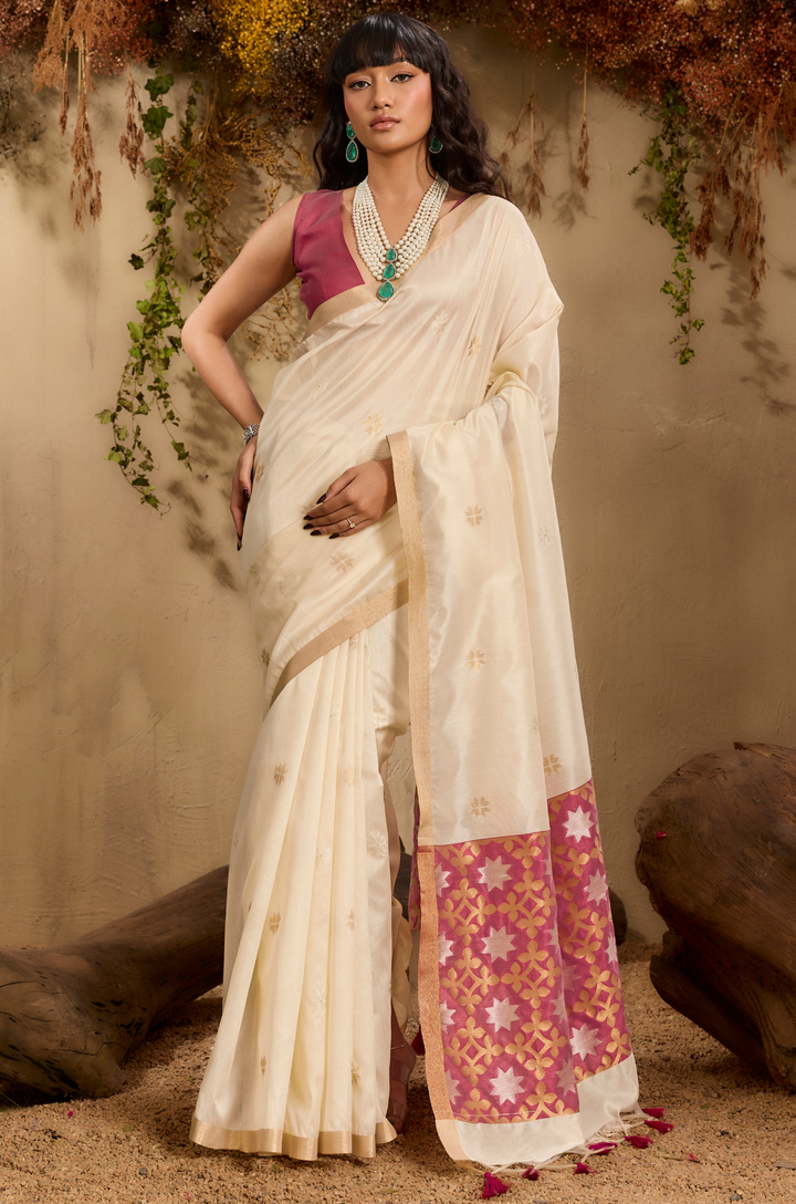 Cream Zarina Woven Tusshar Silk Saree
