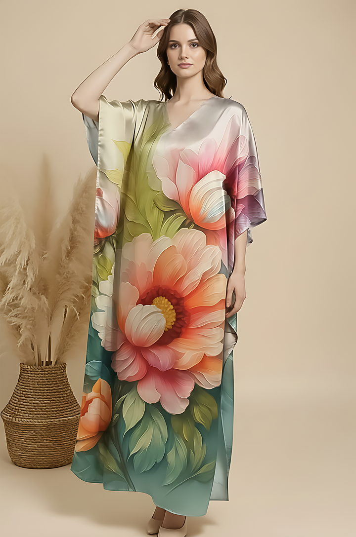 Misty Petals Soft Satin Women Kaftan Dress with Digital Print