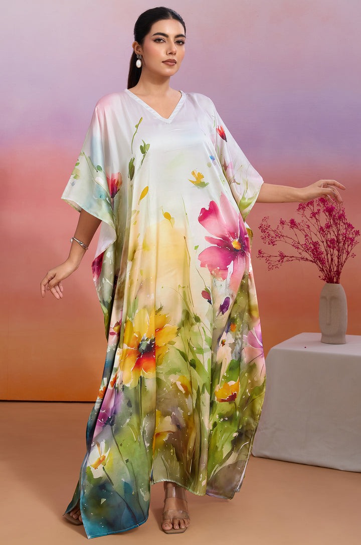 Bright Garland Soft Satin Women Kaftan Dress with Digital Print