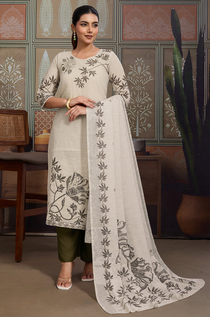 Muted Forest Linen Cotton Women Suit Set with Digital Print Dupatta