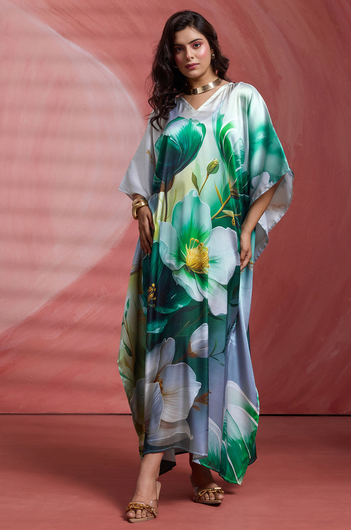 Sage Flow Long Satin Kaftan Dress - Buy Women Kaftan Online India | Label Aarna