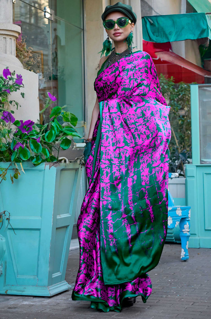 Hot Pink Fusion Play Digital Print Satin Crepe Saree