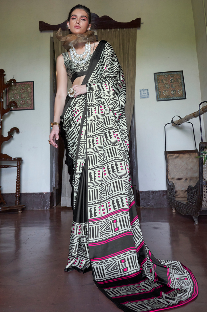 Pink-Black Linear Muse Digital Print Modal Satin Saree