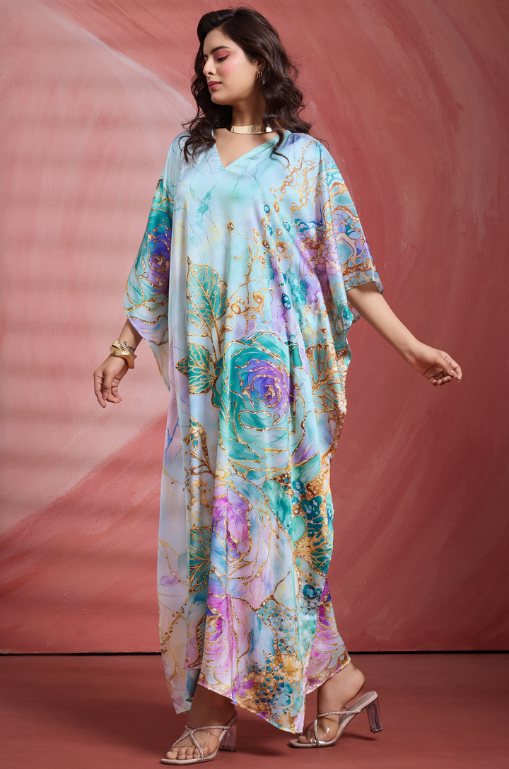 Aqua Garden Long Satin Kaftan Dress - Buy Women Kaftan Online India | Label Aarna
