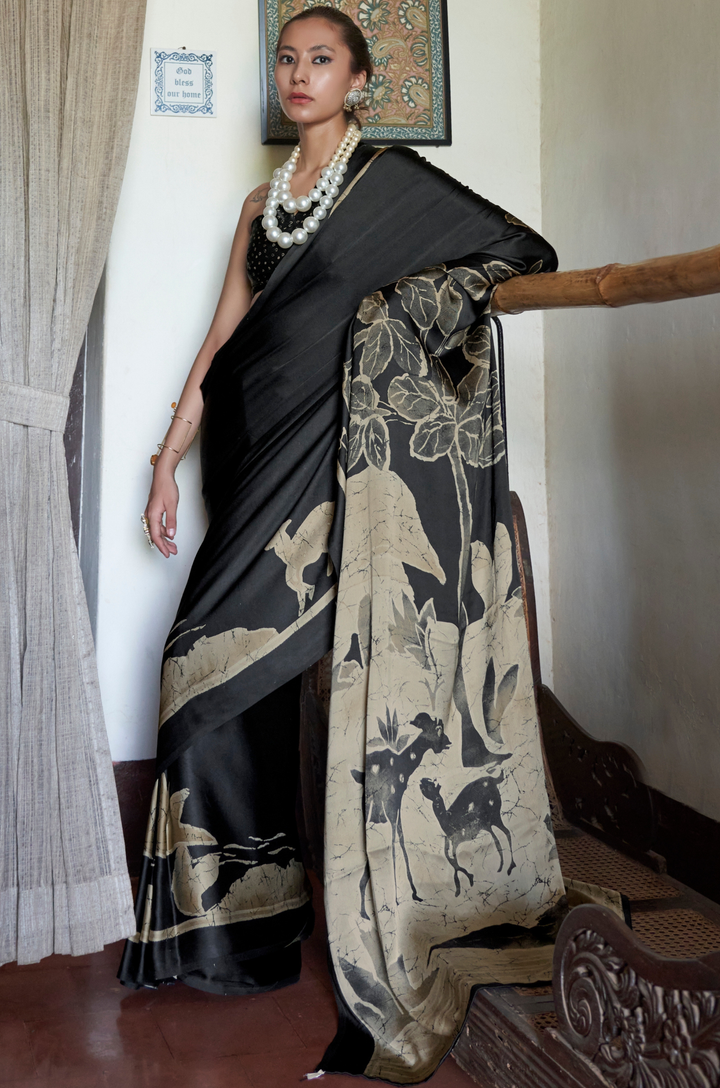 Deep Black Linear Muse Digital Print Modal Satin Saree