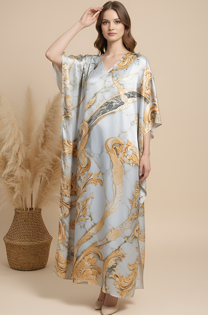 Golden Ornate Soft Satin Women Kaftan Dress with Digital Print