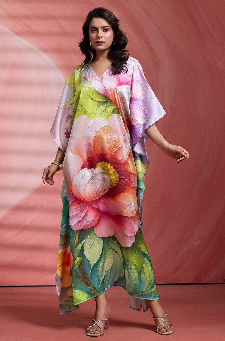 Misty Petals Long Satin Kaftan Dress - Buy Women Kaftan Online India | Label Aarna