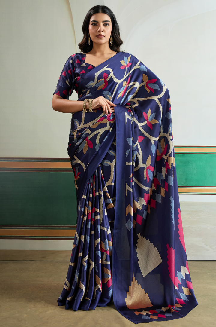 Navy Blue Vibrant Luxe Digital Ajrakh Print Saree