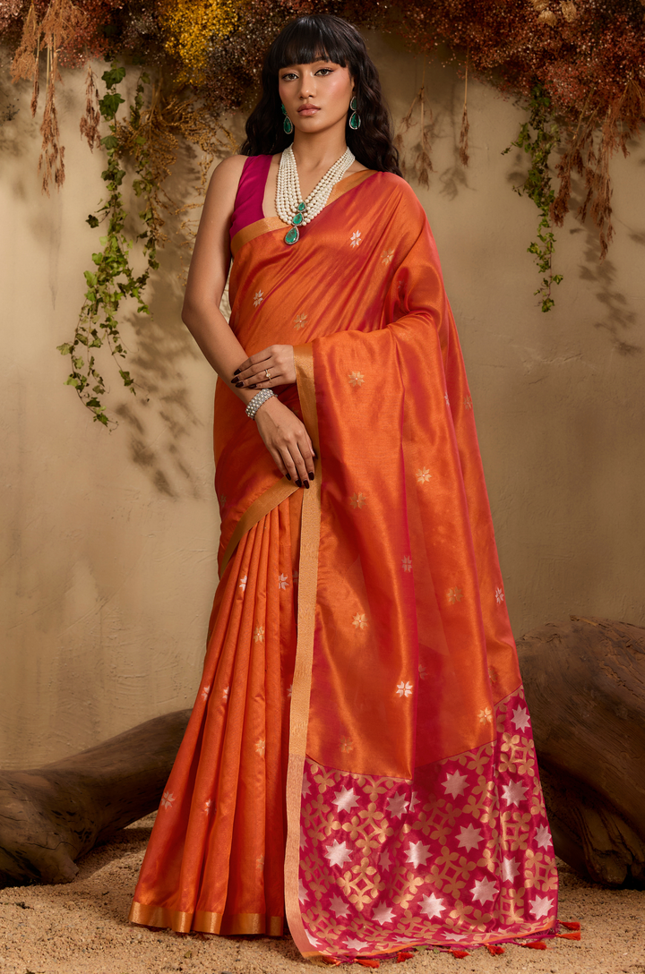 Orange Zarina Woven Tusshar Silk Saree