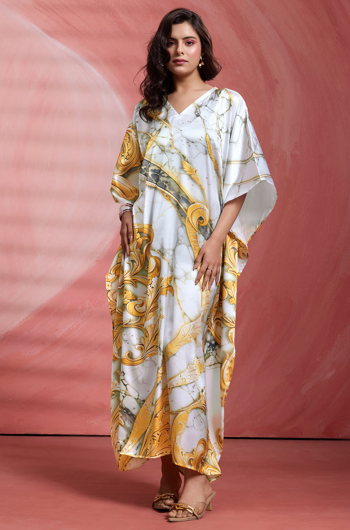 Golden Ornate Long Satin Kaftan Dress - Buy Women Kaftan Online India | Label Aarna