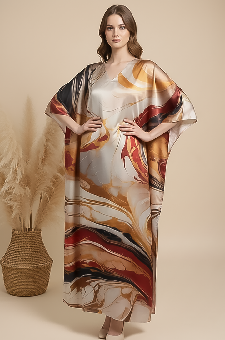Classic Marble Soft Satin Women Kaftan Dress with Digital Print