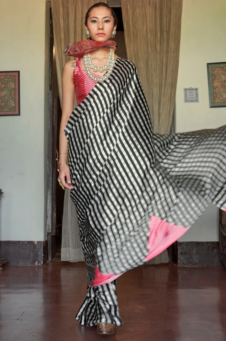 Striped Black Linear Muse Digital Print Modal Satin Saree