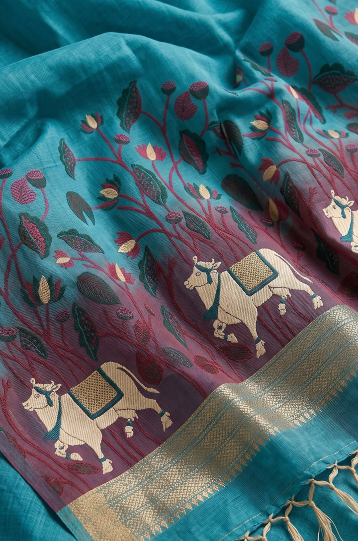 Blue Woven Jamdhani Cotton Saree | Braj Collection
