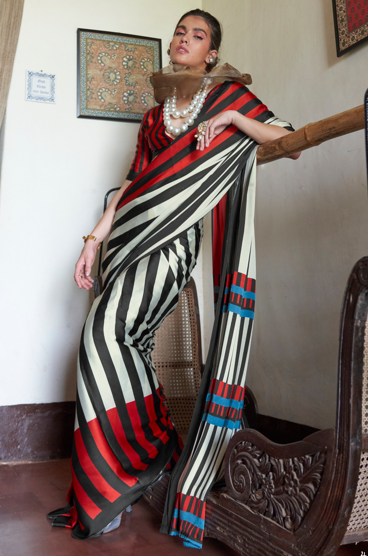 Red-Black Linear Muse Digital Print Modal Satin Saree