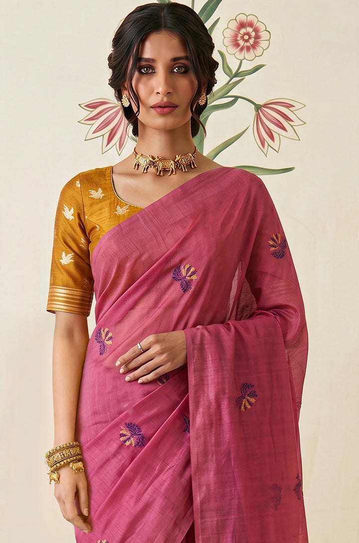 Pink Woven Jamdhani Cotton Saree | Braj Collection