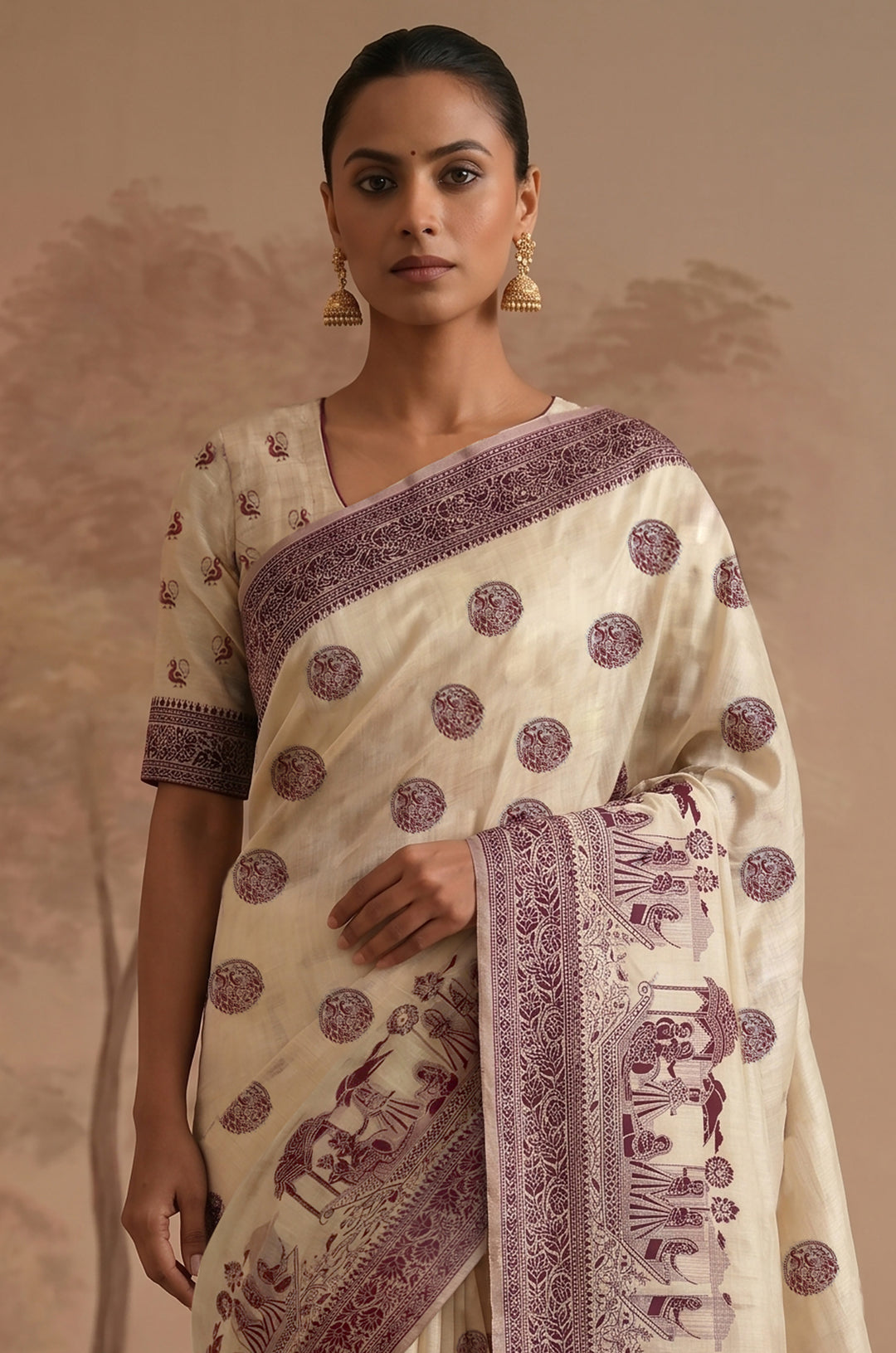 Wine Woven Jamdhani Cotton Saree | Sutra Collection