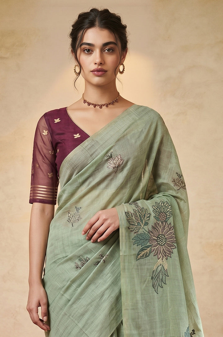 Mint Green Woven Jamdhani Cotton Saree | Gulnaar Collection