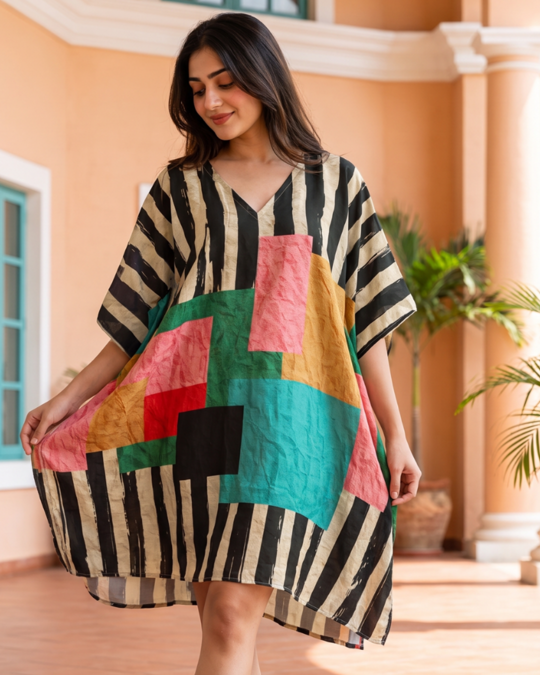 Mosaic Muslin Cotton Short Kaftan Dress
