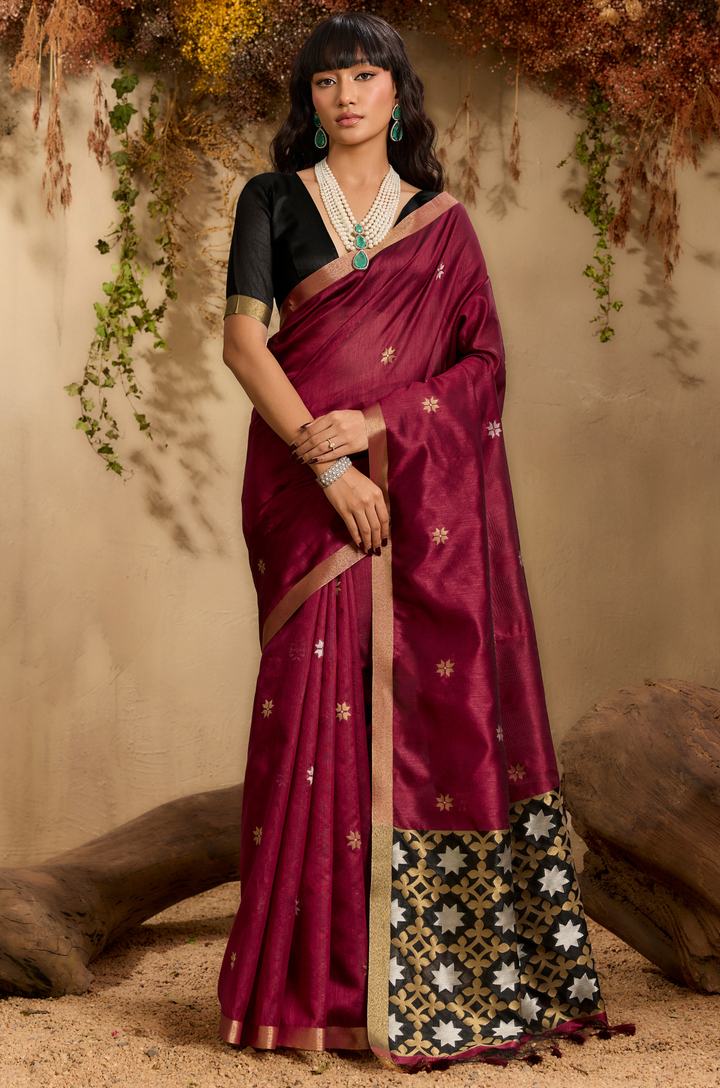 Maroon Zarina Woven Tusshar Silk Saree