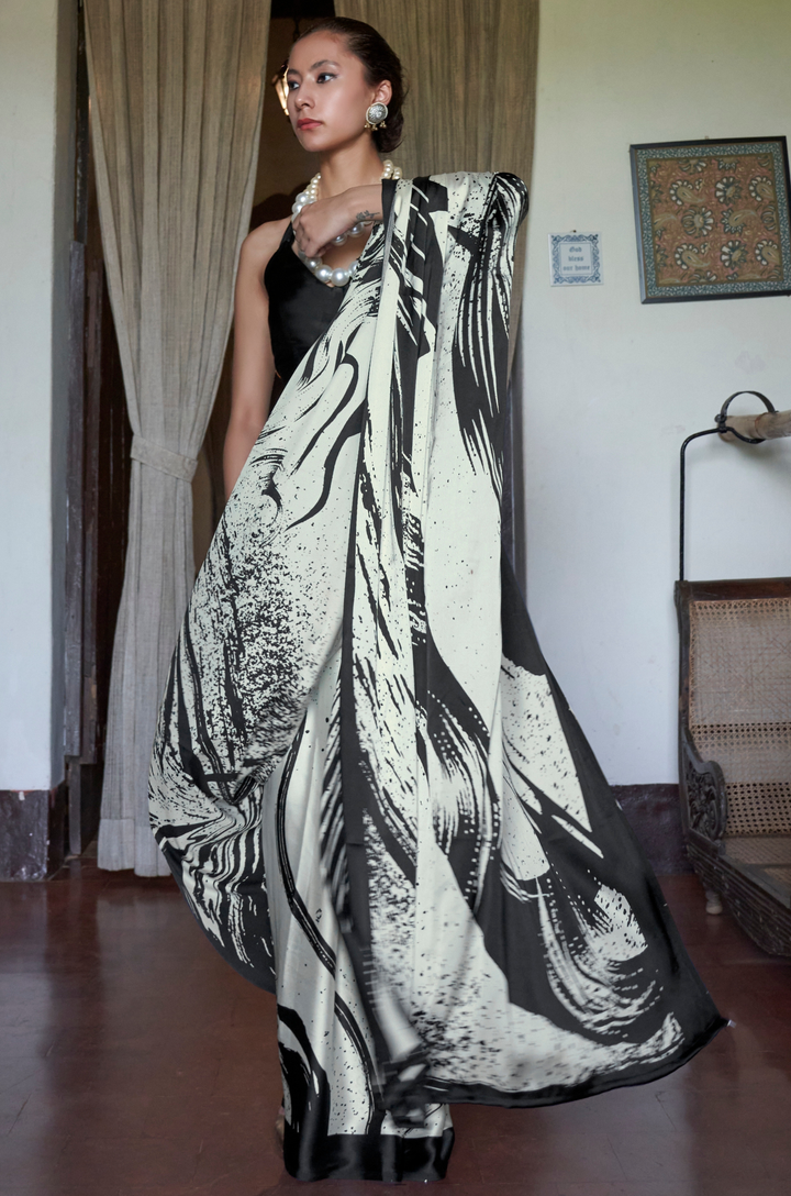 Grey-Black Linear Muse Digital Print Modal Satin Saree