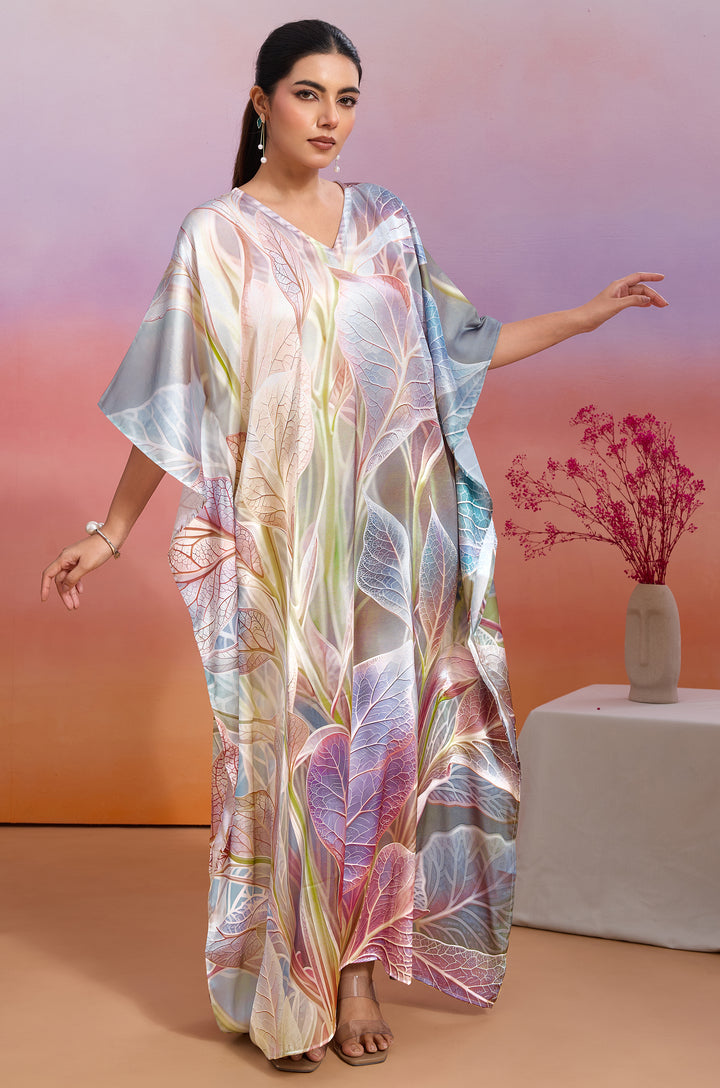 Maple Canopy Soft Satin Women Kaftan Dress with Digital Print