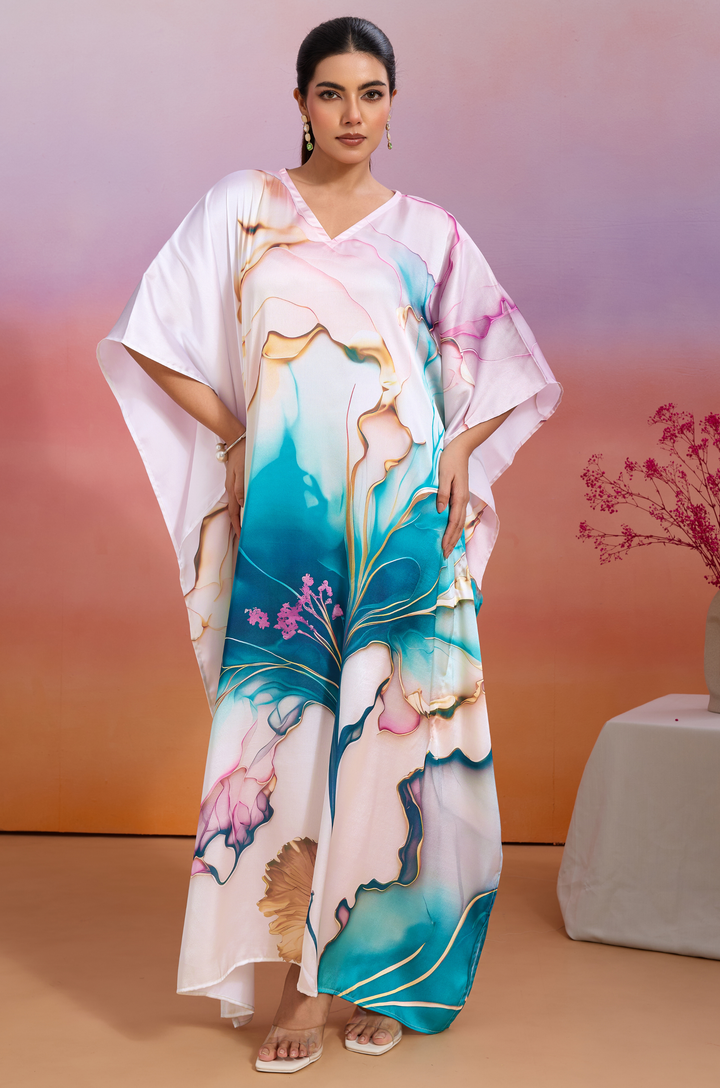 Ocean Tide Soft Satin Women Kaftan Dress with Digital Print