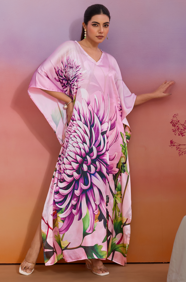 Coral Mist Soft Satin Women Kaftan Dress with Digital Print