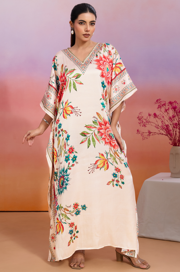Retro Radiance Soft Satin Women Kaftan Dress with Digital Print
