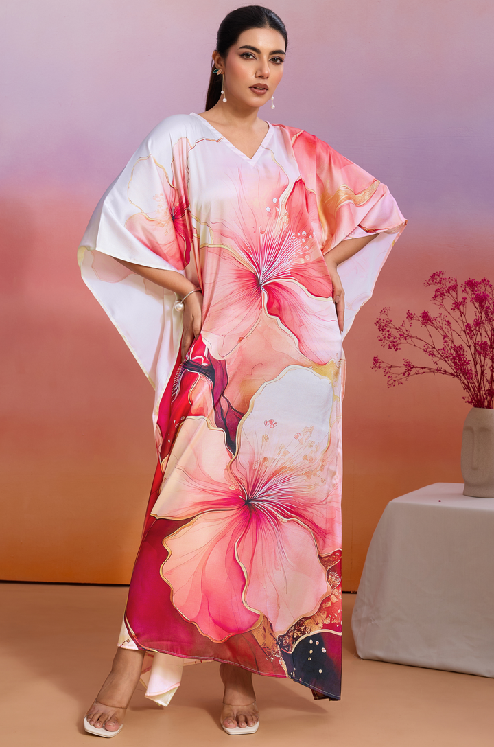 Aloha Bloom Soft Satin Women Kaftan Dress with Digital Print