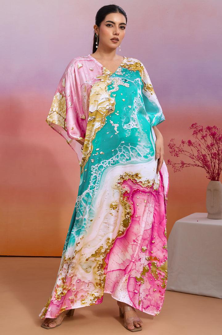 Sorbet Shell Soft Satin Women Kaftan Dress with Digital Print