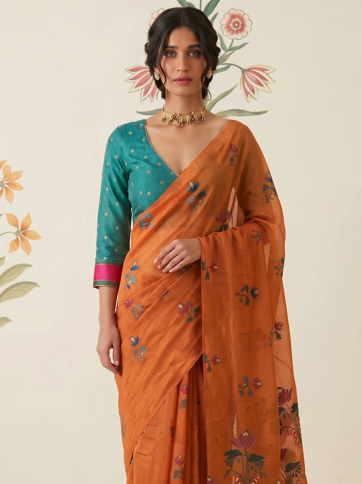 Tangerine Woven Jamdhani Cotton Saree | Braj Collection