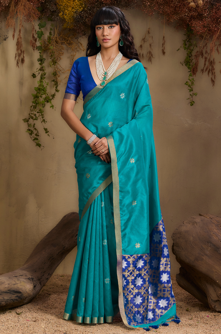 Blue Zarina Woven Tusshar Silk Saree