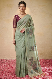 Mint Green Woven Jamdhani Cotton Saree | Gulnaar Collection