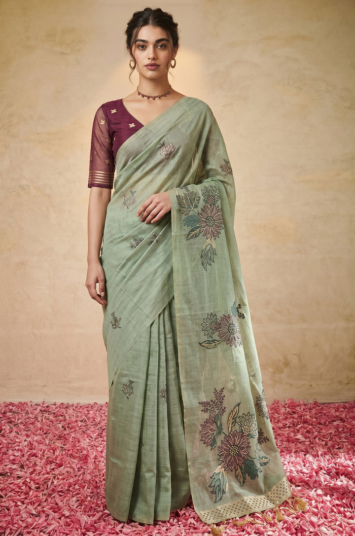 Mint Green Woven Jamdhani Cotton Saree | Gulnaar Collection